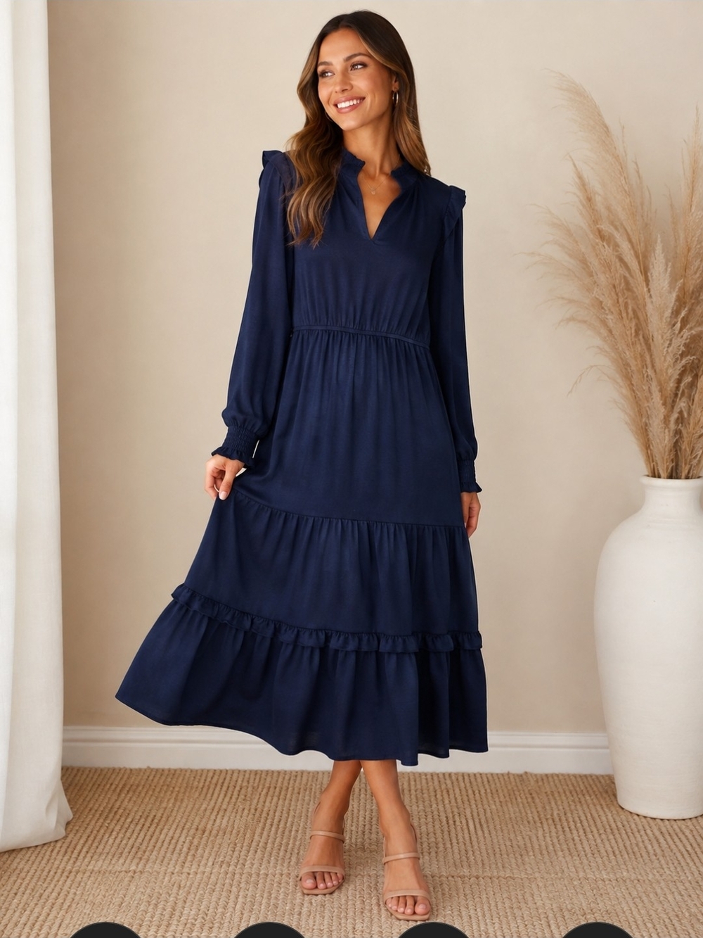 Long Sleeve Navy Tiered Maxi Dress